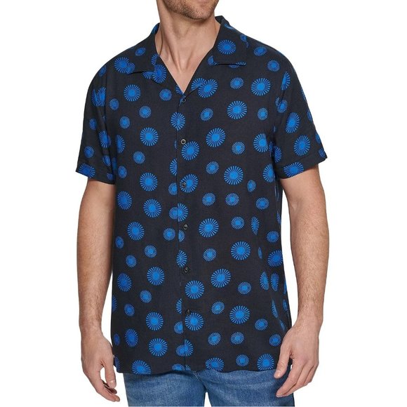 Karl Lagerfeld Paris Men's Retro Sunflower Motif Print Camp Shirt Viscose Blue - Picture 1 of 5